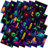 HunnmingRe 20 Pcs 10''x10'' Neon Halloween Quilting Fabric Square Spooky Ghost Skull Precut Quiltted Fabric Bundle Pumpkin Lamp 