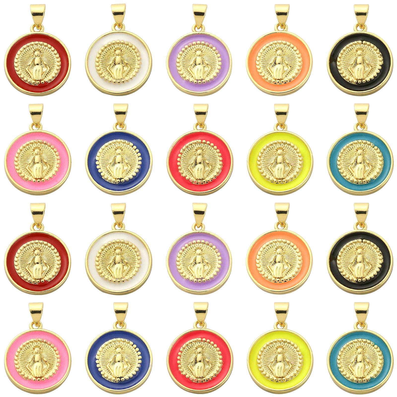 Ipotkitt 20Pcs Real 18K Gold Plated Flat Round with Virgin Mary Brass Enamel Charm Pendants Religious Ornaments for DIY Jewelry 