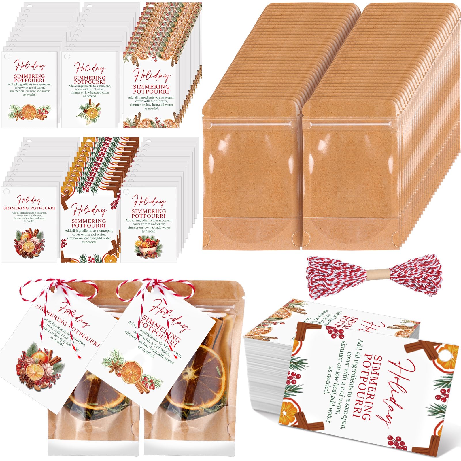 Gueevin 60 Pcs Small Christmas Stovetop Potpourri Gifts 3.5 x 5.5 Inches Kraft Paper Pouch Small Resealable Simmer Pouch Pot Bag