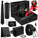 Tioncy 10 Pcs Men Birthdays Gift Set with Box for Men Skinny Acrylic Tumbler with Lid PU Leather Wallet Tie Belt Keychain Bouque