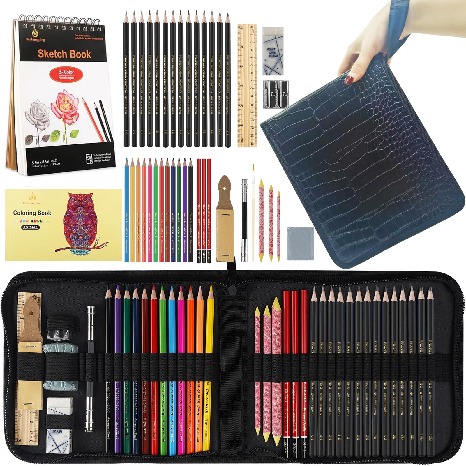 Heshengping 42 Pack Drawing Set Sketching Kit, Art Supplies with 3-Color Sketchbook, coloring book, Graphite Charcoal watercolor