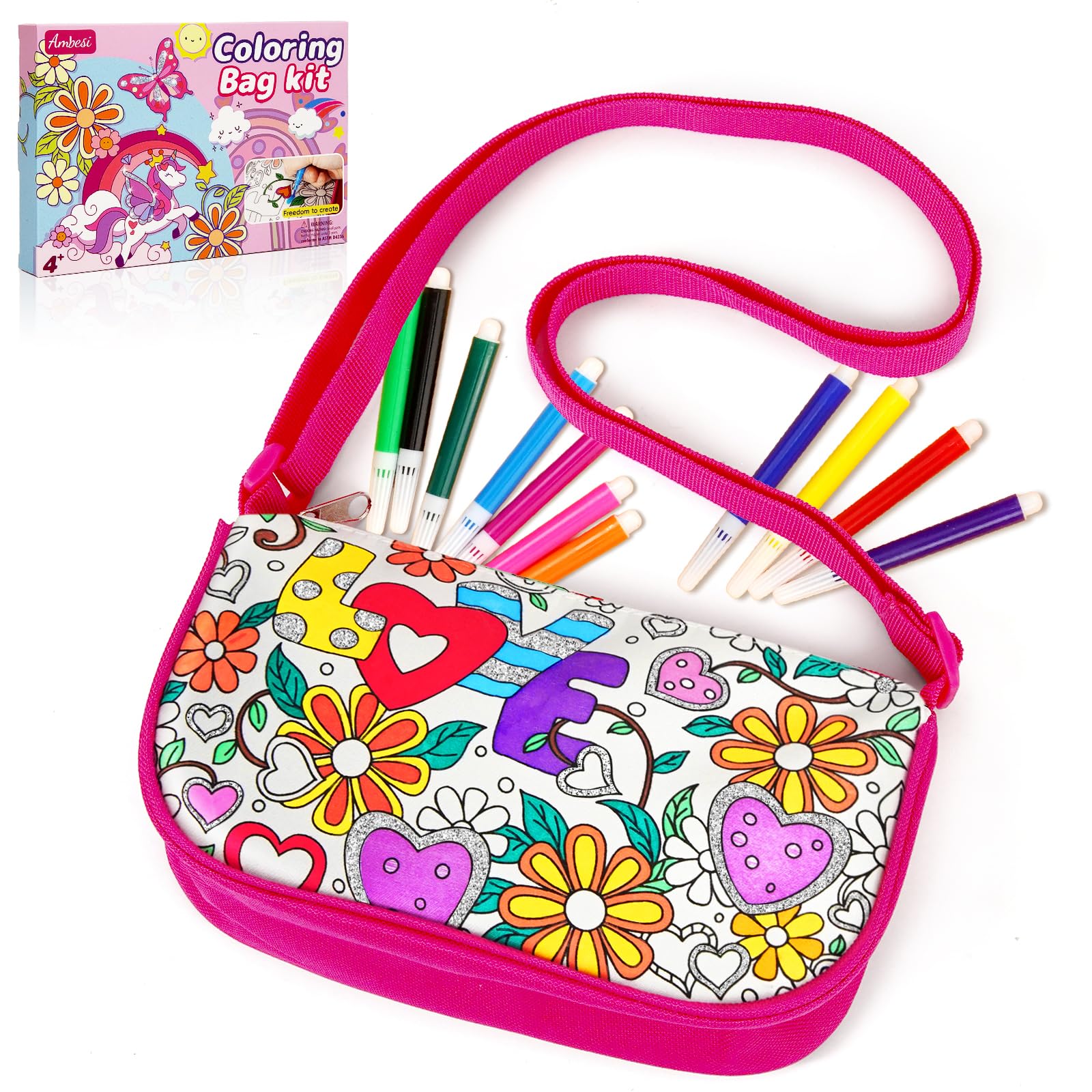 Ambesi Coloring Handbag, Color Your Own Bag, DIY Party Graffiti Bag with 12 Color Pens, Arts and Crafts Kit, Gift for Girls (But