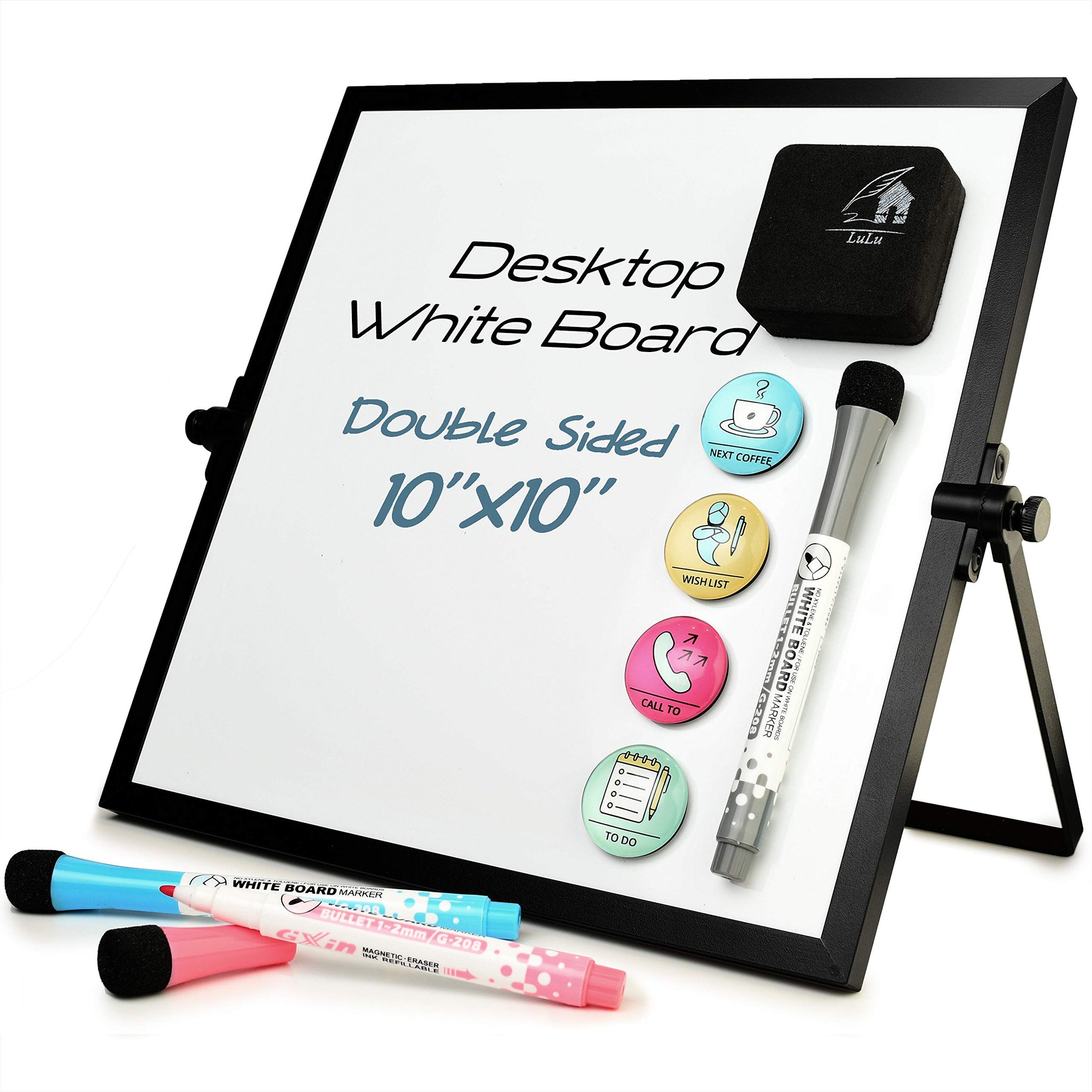 Small Dry Erase White Board 10X10- Desktop Whiteboard Black Frame with Stand, 3 Markers, 4 Magnets & Eraser - Double-Sided P