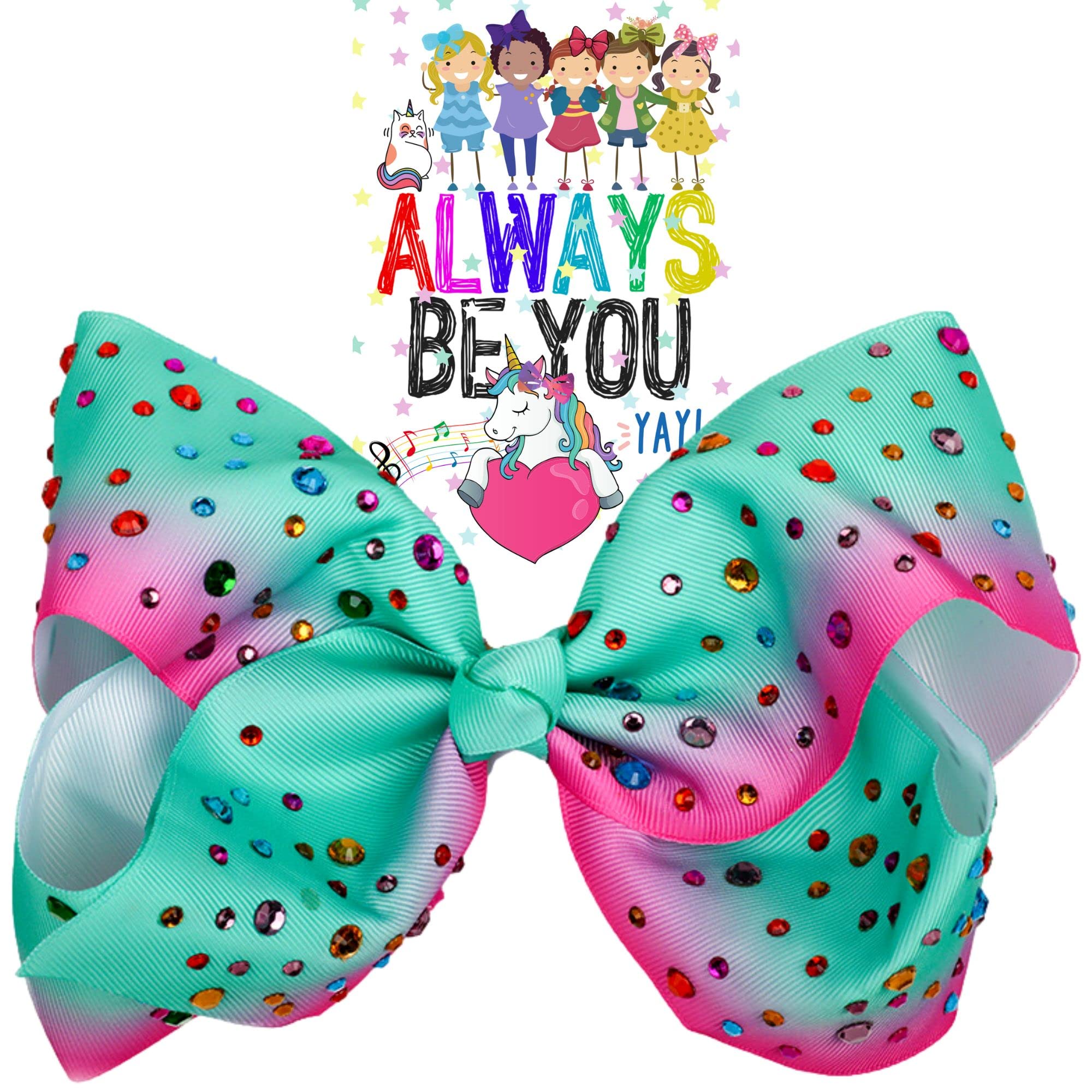 Jumbo Rhinestone Hair Bow - Cheer Bows for Girls, Toddlers, Pink and Blue Ribbon Fashion Accessories (Aqua Pink/Rhinestone)