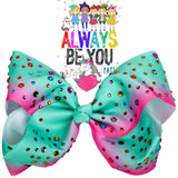 Jumbo Rhinestone Hair Bow - Cheer Bows for Girls, Toddlers, Pink and Blue Ribbon Fashion Accessories (Aqua Pink/Rhinestone)