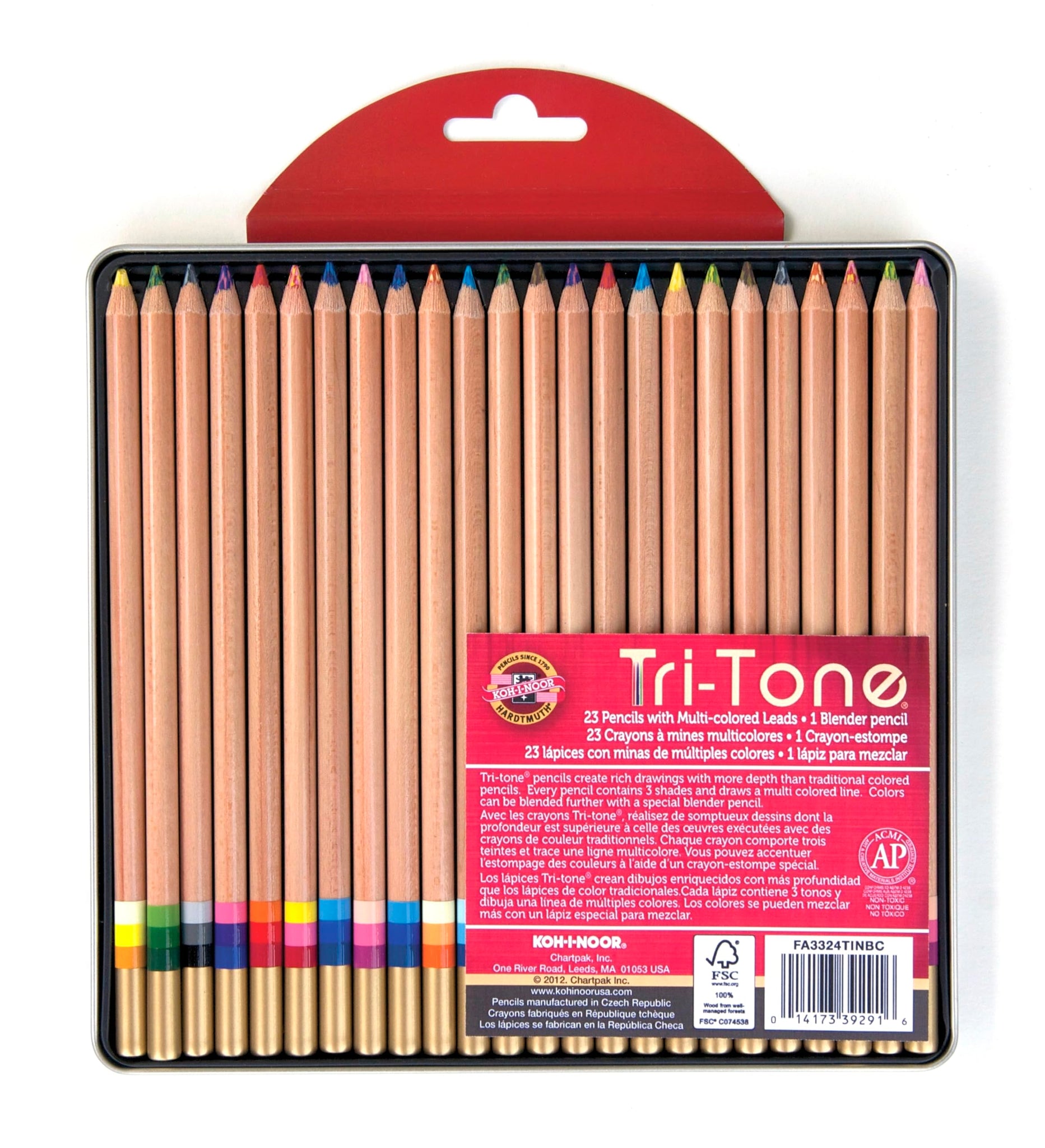 Koh-I-Noor Tri-Tone Multi-Colored Pencil Set, 24 Assorted Colors In Tin And Blister-Carded (Fa33Tin24Bc)