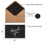 100 Black Thank You Cards with Brown Kraft Envelopes and Stickers - 4 Designs Bulk Notes for Official, Formal, Office, Graduatio