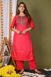 Gosriki Women'S Silk Blend Straight Printed Kurta With Pant And Dupatta (Tia-Red_L-Go Red_Large),Red,,B09S3KF91B