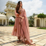Gosriki Women'S Organza Printed Anarkali Kurta With Pant & Dupatta (Pugmor-Peach-Gs_Xxl_Peach_Xx-Large),Peach,2,B0BRYGBM6Y