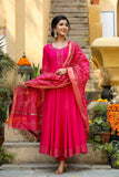 Anni Designer Women'S Rayon Blend Anarkali Solid Kurta With Pant & Dupatta (Ganpati-Rani_Xl_Pink_X-Large),Pink,XL,,,