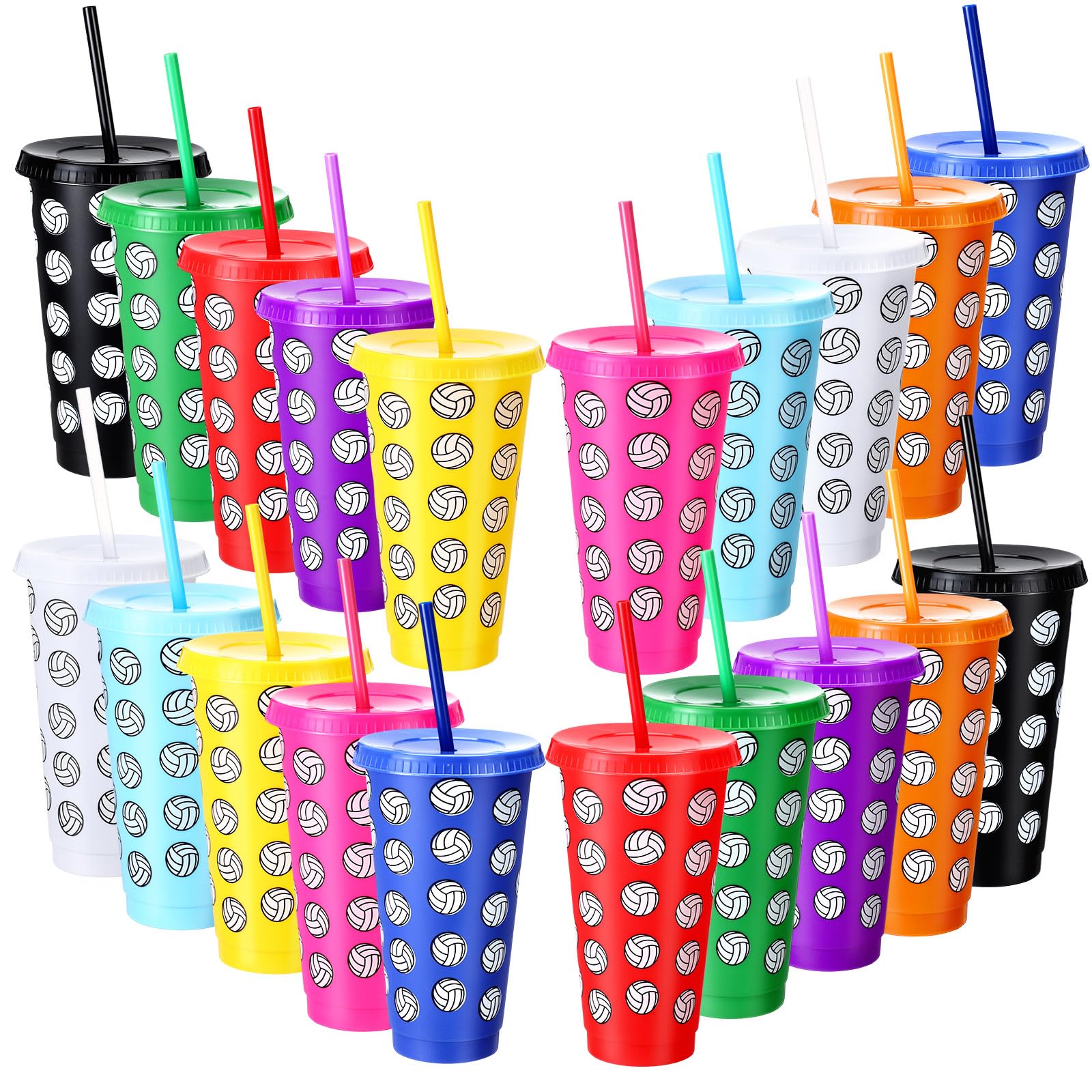 Potchen 20 Pcs Volleyball Plastic Tumbler with Lid and Straw Christmas Cup Gift 24 oz Volleyball Cups Reusable Sports Ball Plast