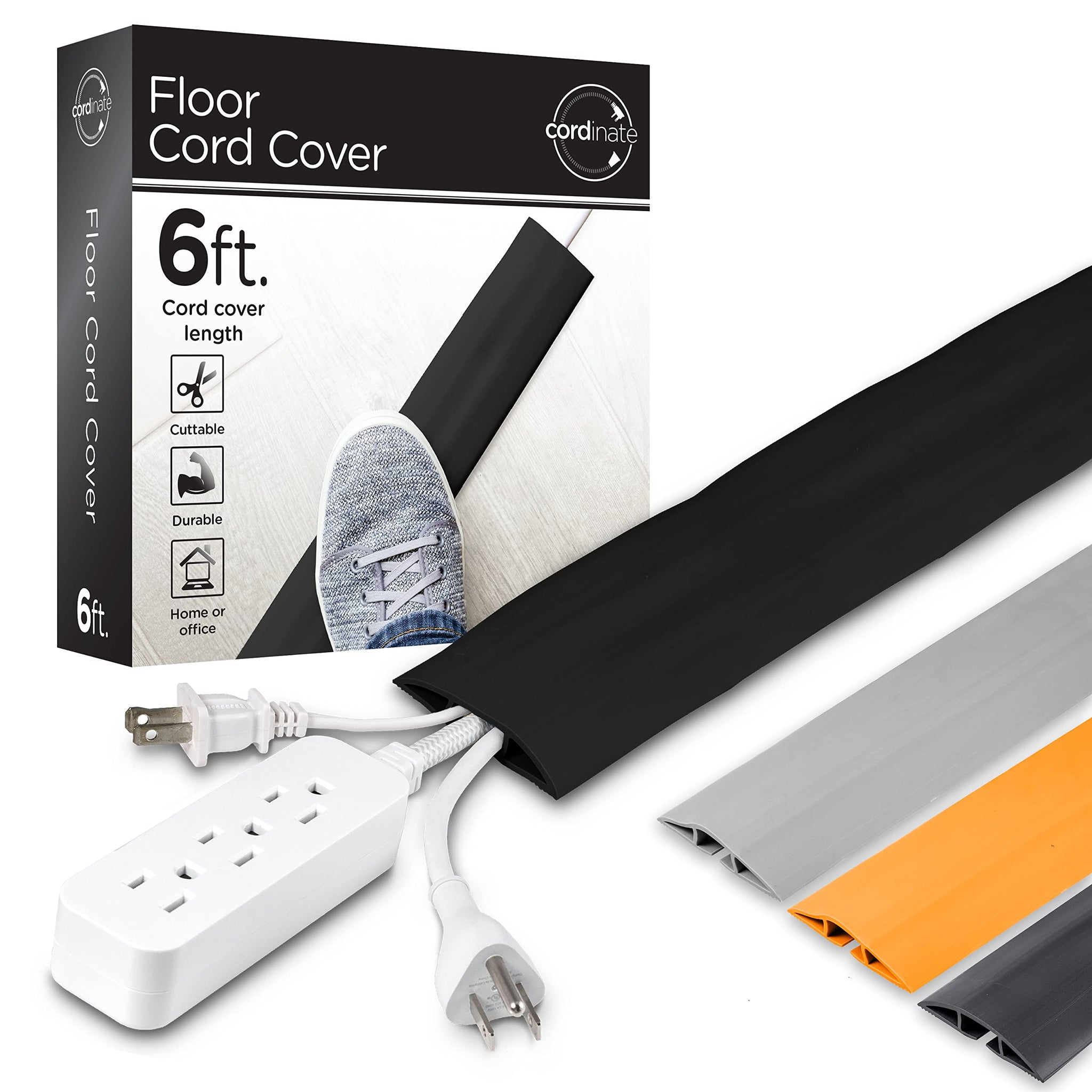 Cordinate 6ft Floor Cord Cover, Cable Protector, Hide Extension Cords, Protect Cords, Prevent Cable Trips, Heavy Duty Cord Hider