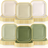 Tiangrid 60 Pcs Sage Green Paper Plates 7 Inch Gradient Green Disposable Square Dessert Party Plates with Gold Edge for Birthday