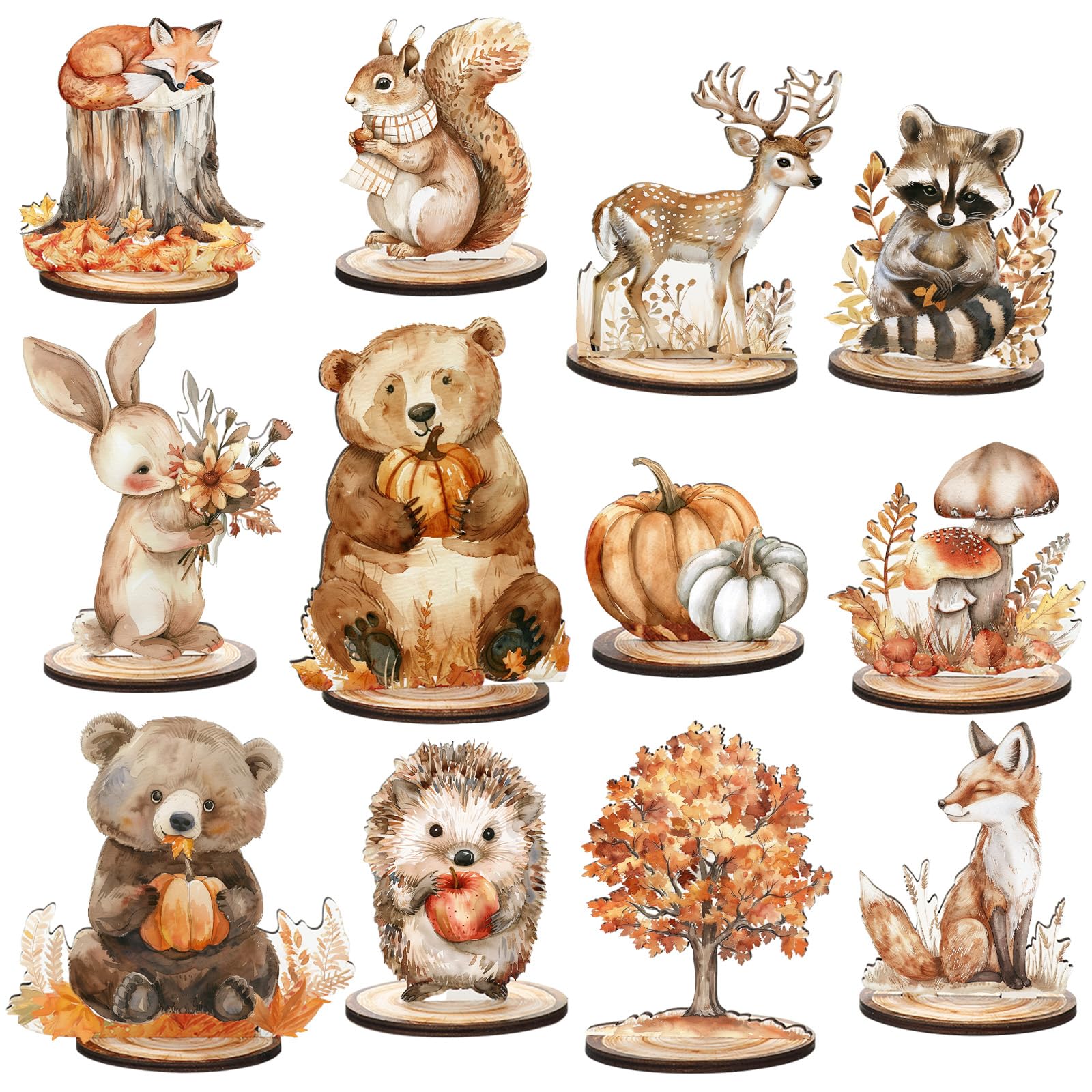 FYSUIMU 12Pcs Fall Woodland Animal Wood Table Sign Cute Autumn Forest Animal Wooden Cutouts with Base Tiered Tray Decor for Farm
