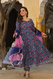 Gosriki Women'S Cotton Blend Anarkali Printed Kurta With Pant & Dupatta (Sakura Blue-Gs_S_Blue_Small),Blue,,B0CRZ81JPF
