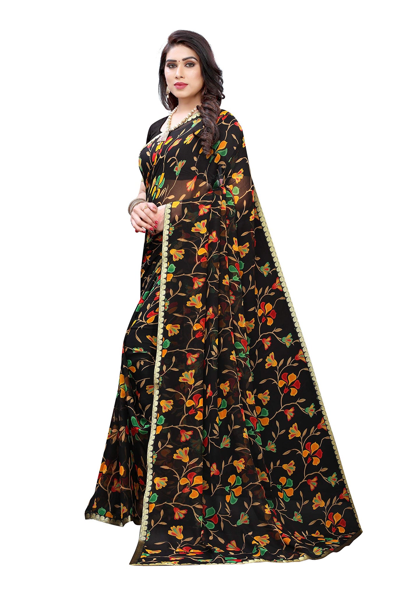 Gosriki Women'S Chiffon Printed Saree With Blouse Piece (Black),Black,,B07L4V115R