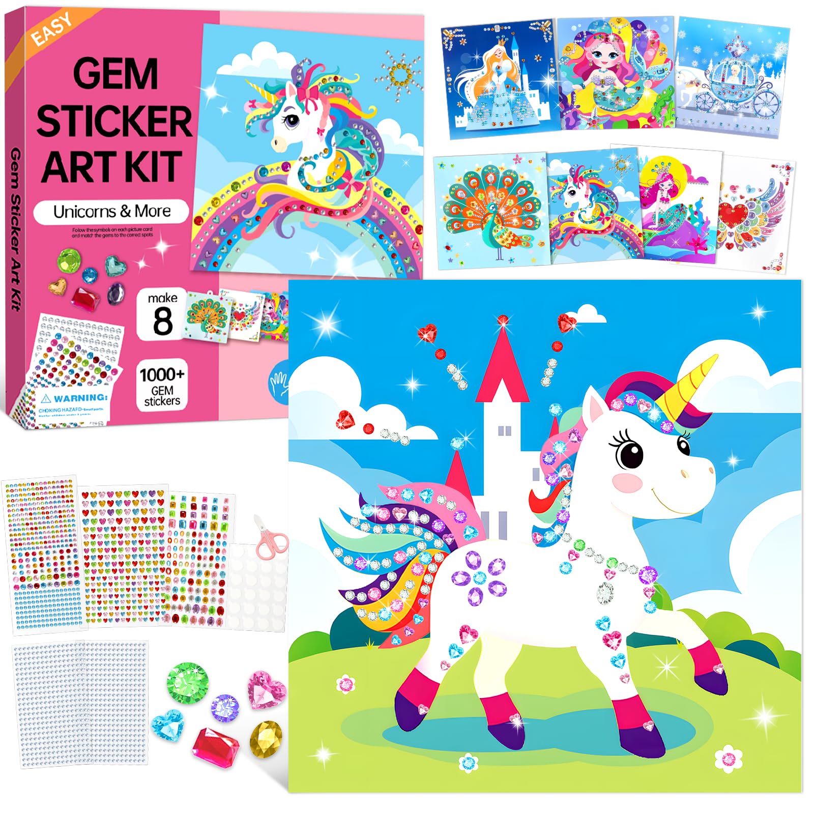 Gem Art Sticker Kit, Arts and Crafts for Kids Age 4-12, 8 Unicorn Princess Themes Diamond Art Kit, Gemstone Sticker Crafts Chris
