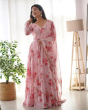 Women Floral Print Anarkali Kurta With Pant And Dupatta (X-Large Light Pink),Light Pink,XL,Georgette,Anarkali,Kurta, Scarf
