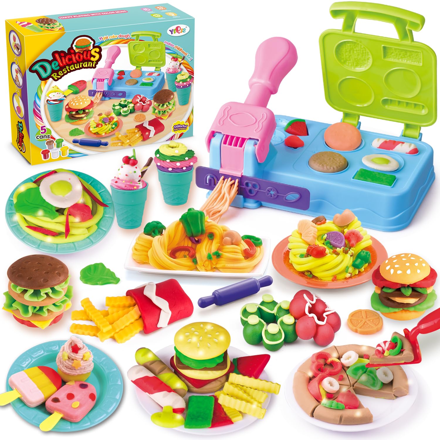 YiQis Burger Barbecue Play Food Modeling Dough Toys,Playdough Sets for Kids Ages 4-8, 21 Play Kitchen Accessories,Kitchen Creati