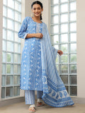 Libas Womens Printed Cotton Straight Kurta With Trousers And Dupatta Blue 2Xl 48897