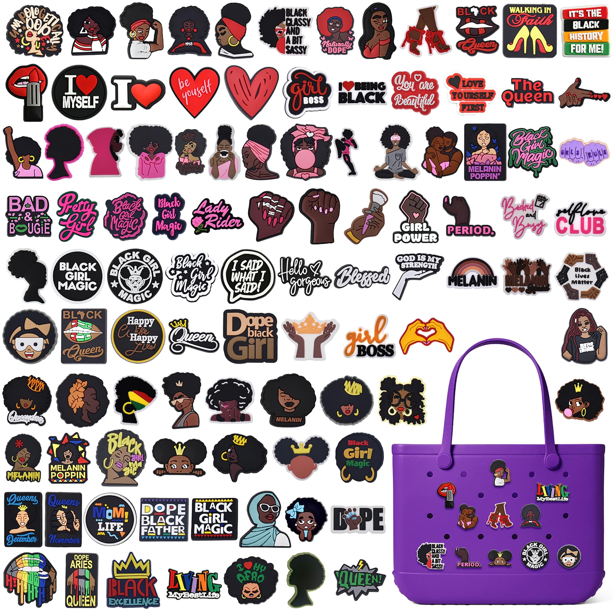 YEALQUE 100PCS Black Women Bogg Bag Charms,Charms for Bogg Bag Tote Bags Decorative Accessory Charm,Black Women Gifts