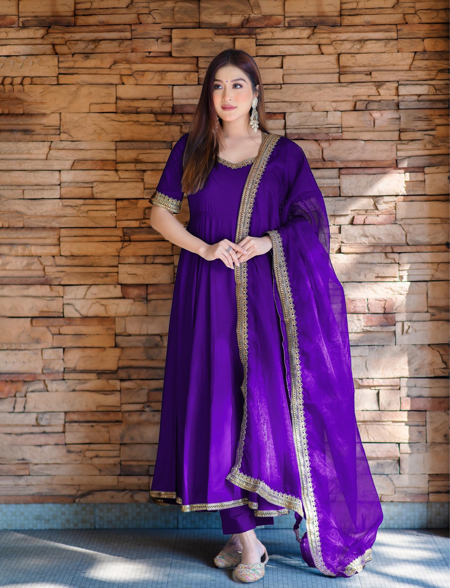 Gosriki Women'S Rayon Blend Anarkali Solid Kurta With Pant & Dupatta (Shyam Begani-Vks01-Gs_S_Begani_Small),Begani,,B0DD779H2R