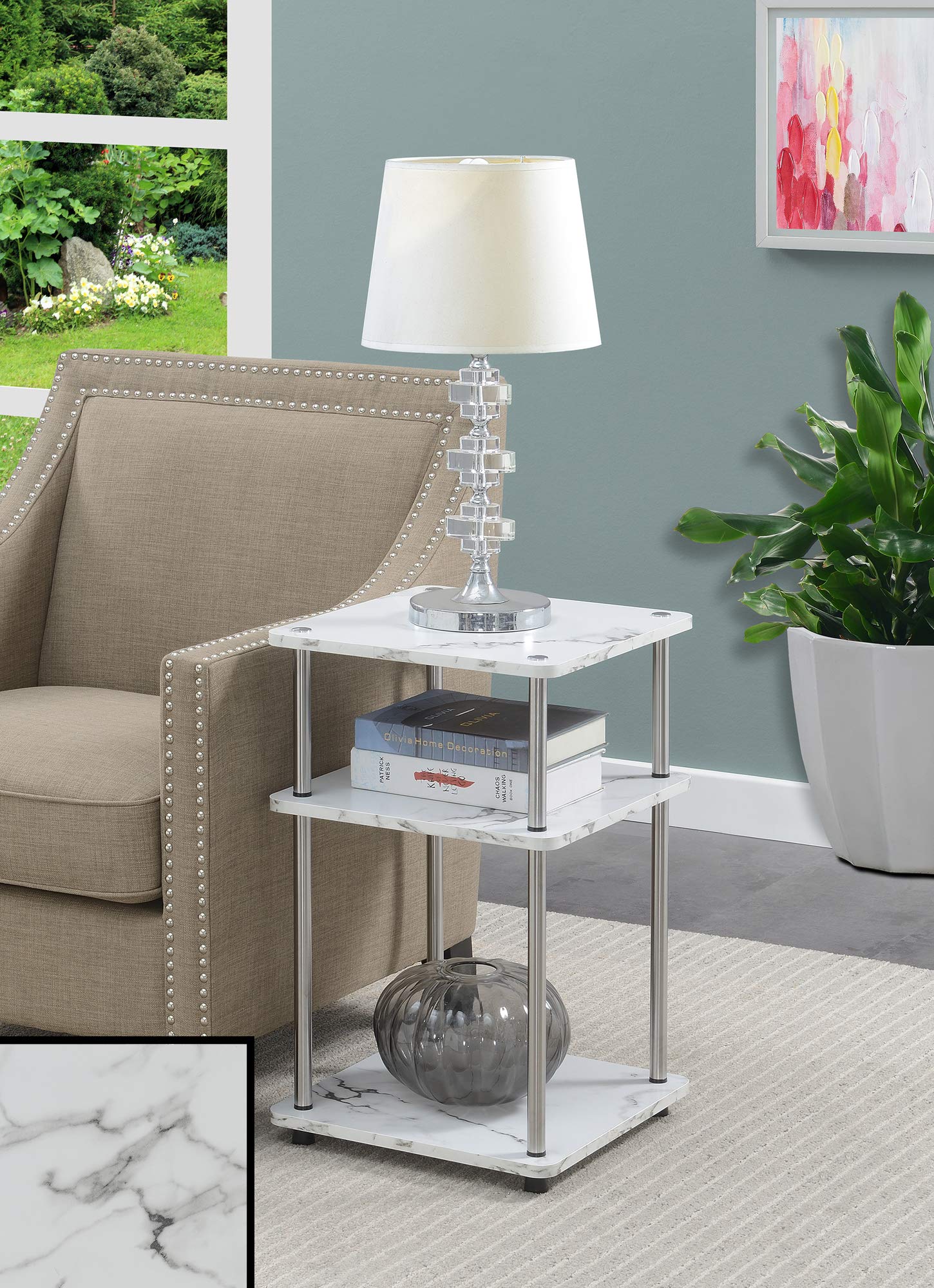 Convenience Concepts Designs2Go No Tools 3-Tier End Table, Faux White Marble/Chrome
