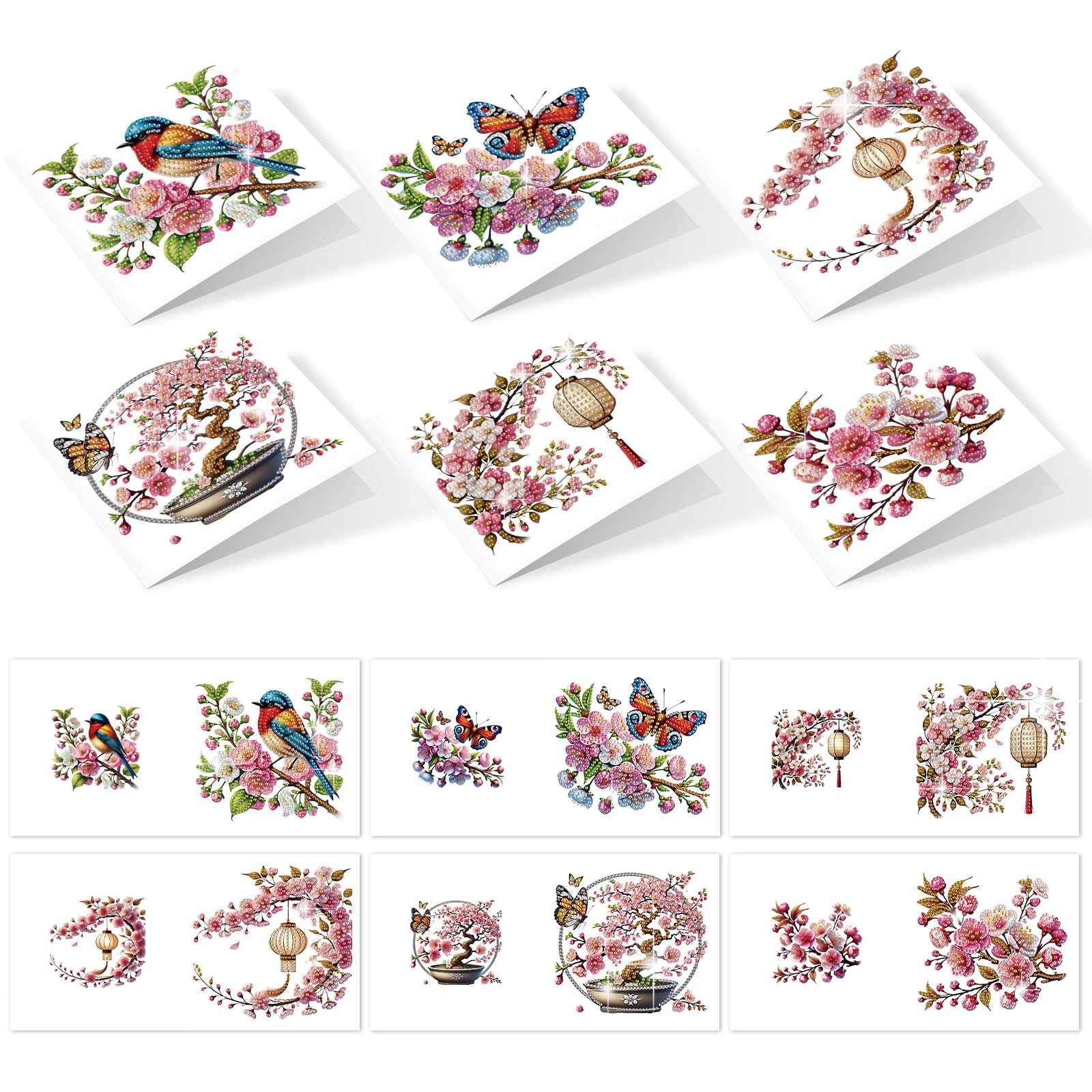 6pcs 5D DIY Diamond Painting Kit Greeting Card, Small Bird Peach Blossom Diamond Handmade Greeting Card with Envelope, Holiday G