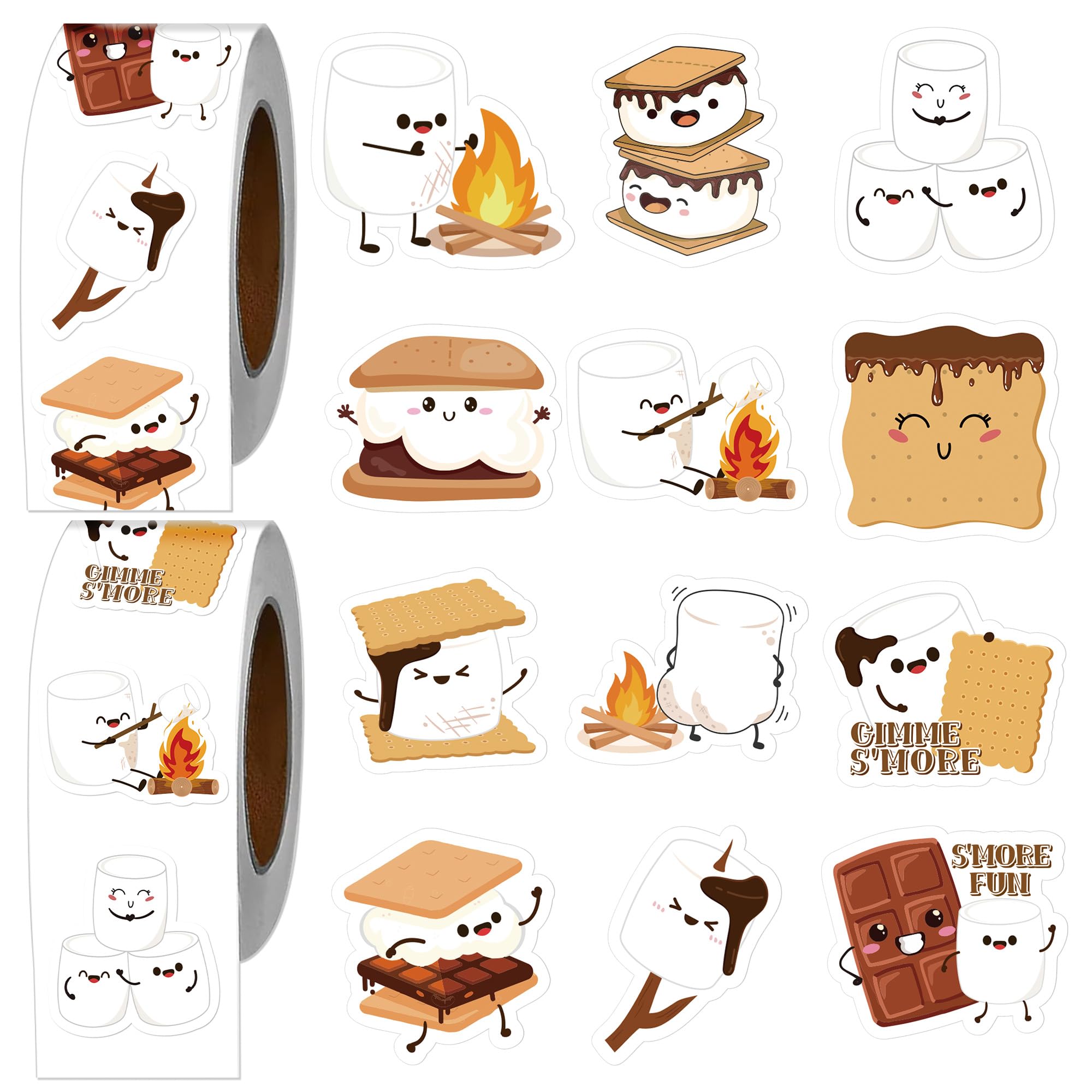 Luvsweets 1000Pcs Smores Stickers Roll, Smore Party Favors Decorations Stickers, Waterproof SMore Fun Decals, Cute SMore Campi