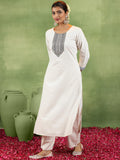 Libas Womens Yoke Design Cotton Blend Straight Kurta With Trousers And Dupatta Off White Xl