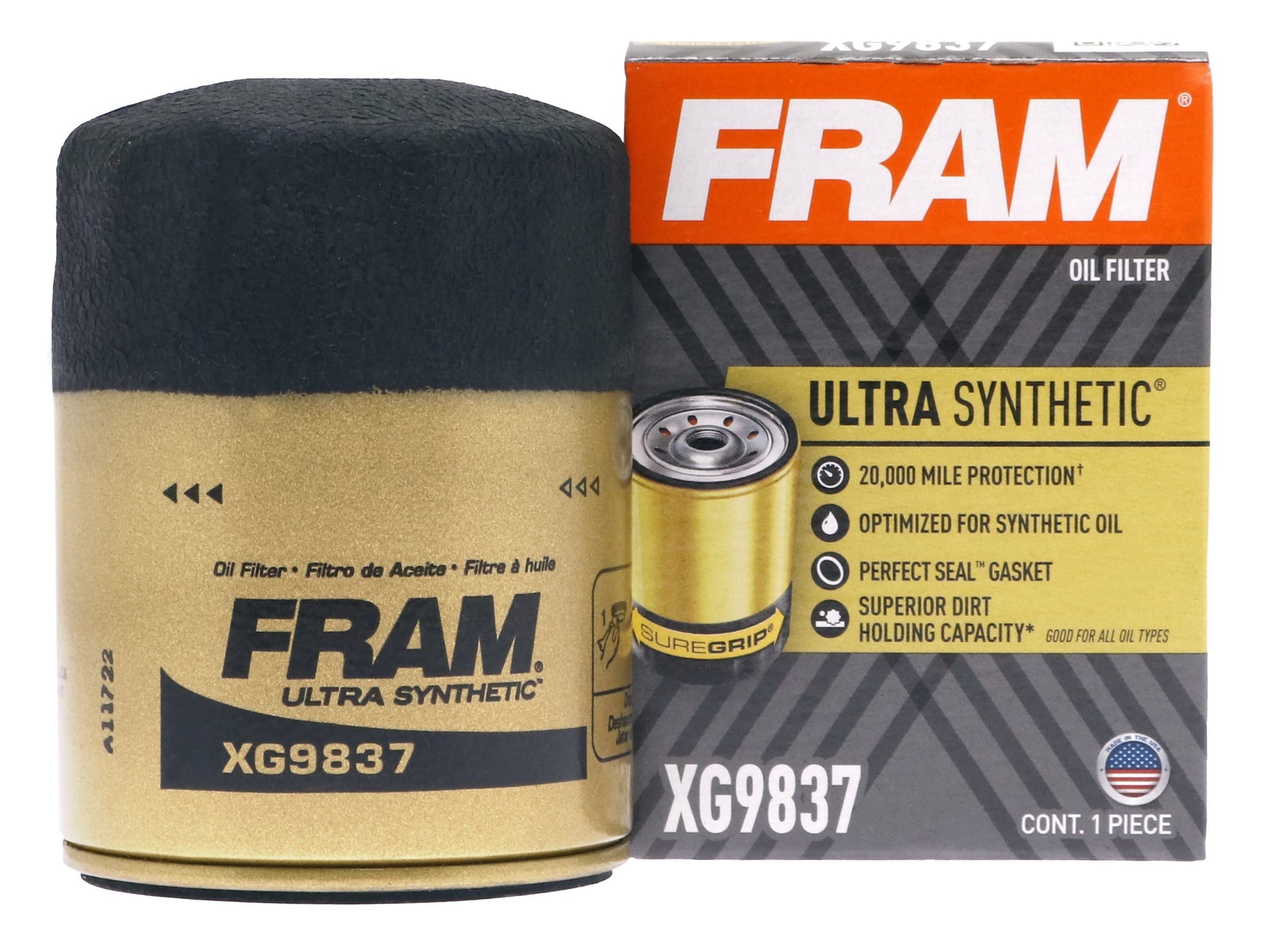 Fram Ultra Synthetic Automotive Replacement Oil Filter, Designed For Synthetic Oil Changes Lasting Up To 20K Miles, Xg9837 With 