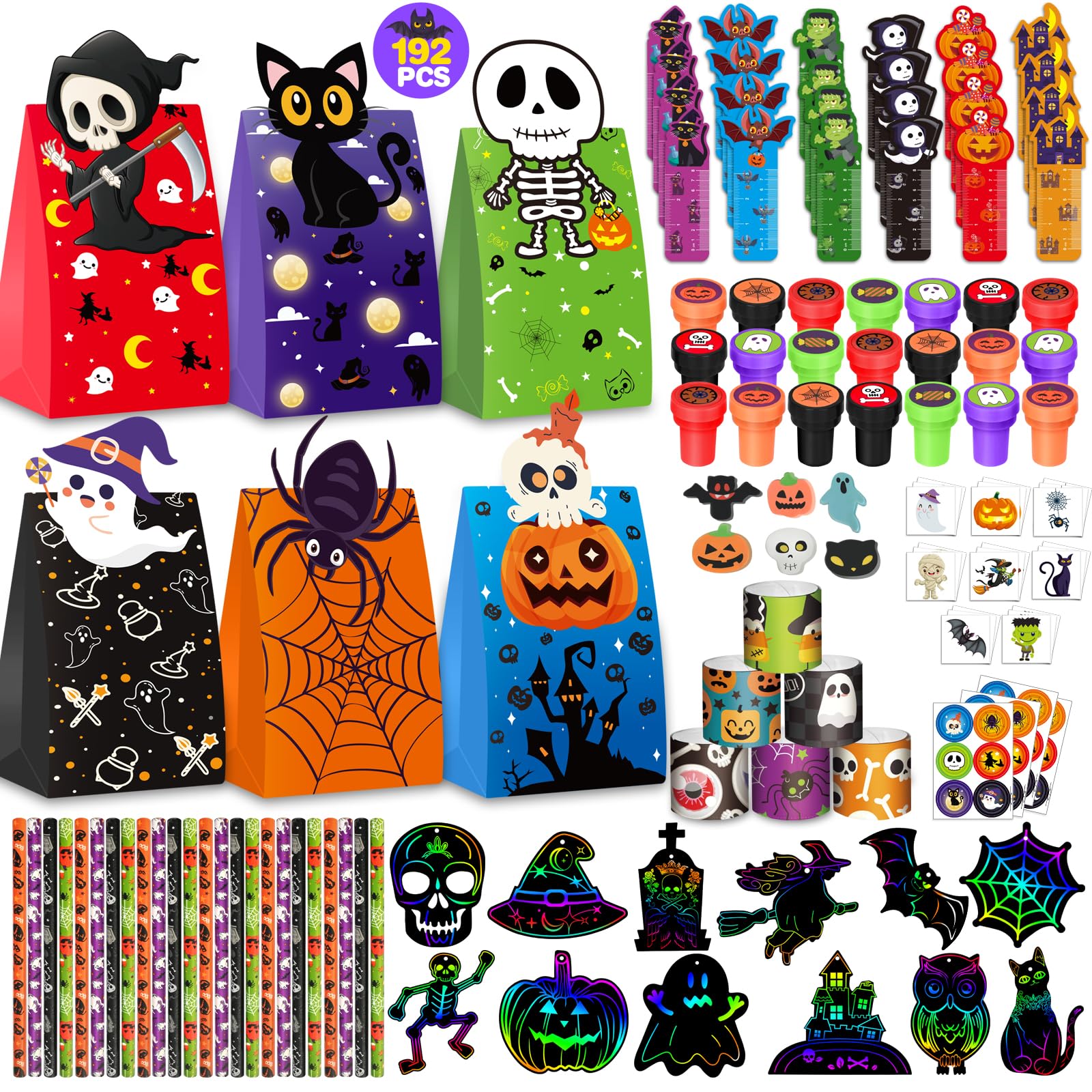 192PCS Halloween Party Favors Gift for Kids, 24 Pack Halloween Stationery Gift Set for Trick or Treat, Goody Bags Fillers Party 