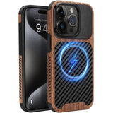 ZZDZZ Magnetic Case Compatible with iPhone 15 Pro Case [Compatible with MagSafe] Wood and Leather Carbon Fiber Design Hybrid Sho