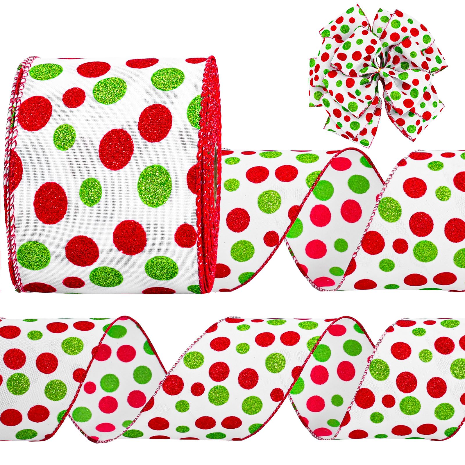JarThenaAMCS Christmas Wired Edge Ribbons 4 in 15 Yards Red Green Glitter Polka Dots Print Xmas Tree Ribbon for Bow Wreath Craft