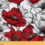 Red Poppy Fabric by The Yard Abstract Sketch Wild Flowers Decor Fabric for Sewing Lovers Outoor Retro Floral Rustic Style Fabric