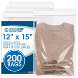 Spartan Industrial - 12X 15(200 Count) Self Seal Clear Poly Bags with Suffocation Warning for Packaging, T-Shirts & Clot