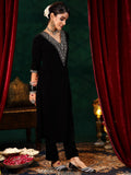 Libas Womens Embellished Velvet Straight Kurta With Trousers And Dupatta Black L