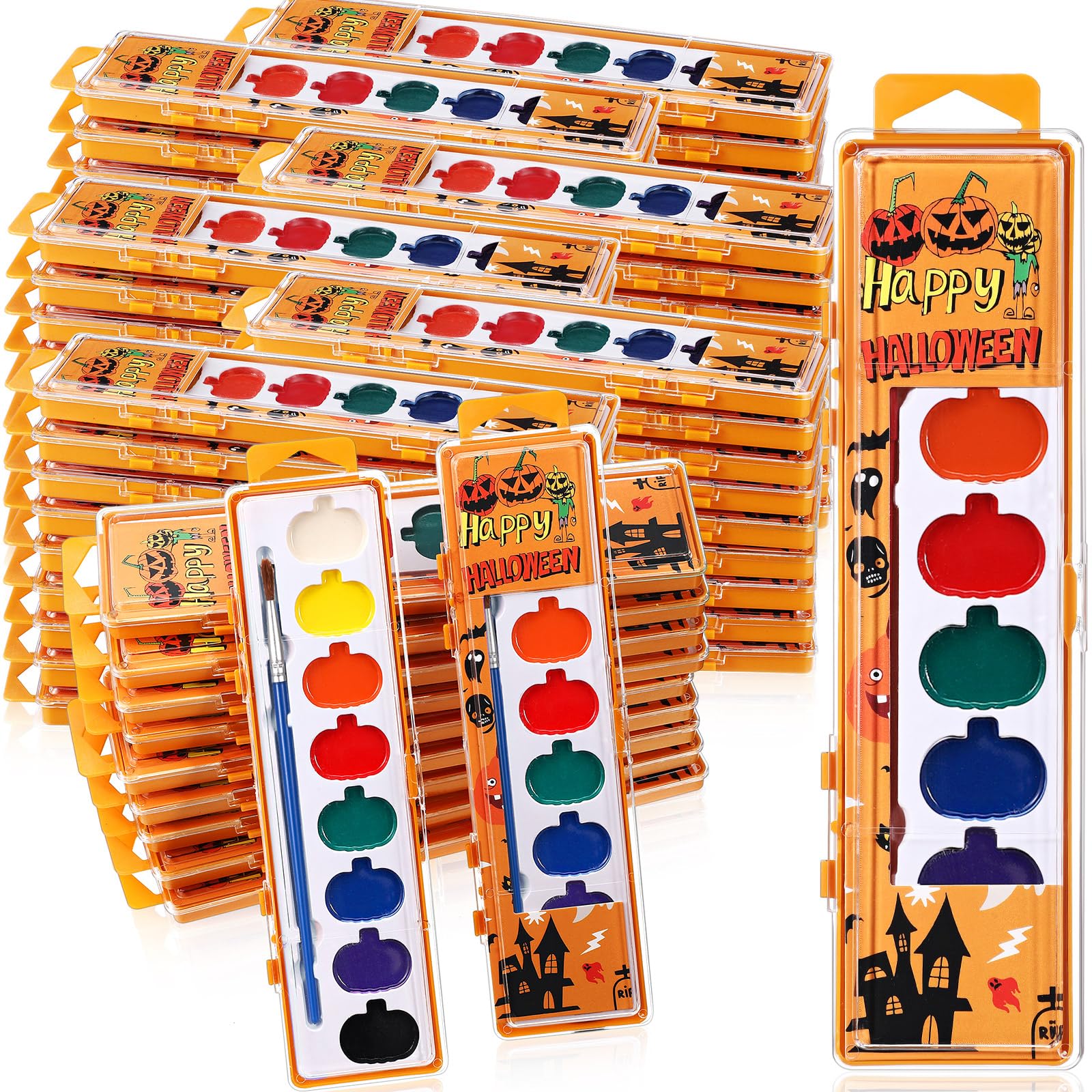 Watersay Halloween Pumpkin Watercolor Paint Set for Kids 8 Washable Colors with Brushes Water Color Painting Kit for Halloween P