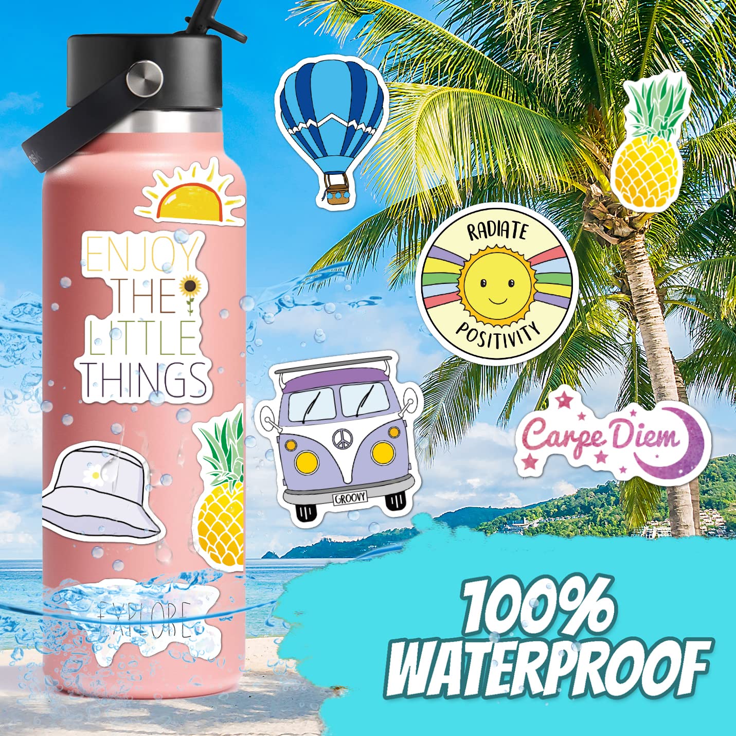 120 Pcs Preppy Stickers, Summer Stickers for Water Bottles Girls, Laptop Accessory Waterproof, Cute Decals for Phone Waterbottle