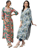 Anni Designer Women'S Cotton Blend Printed Straight Kurta With Pant Pack Of 2 (Chinki Green-Southz Blue_L_Multi_Large),Multicolour,L,,,