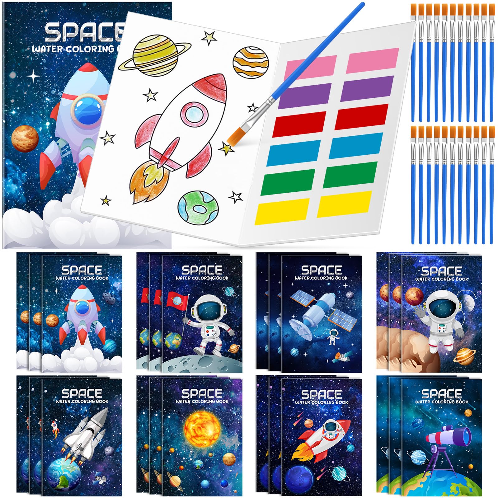Kosiz 24 Watercolor Coloring Books with Brushes Space Party Favors Bulk Mini Painting Kits for Kids, Christmas Stocking Stuffers