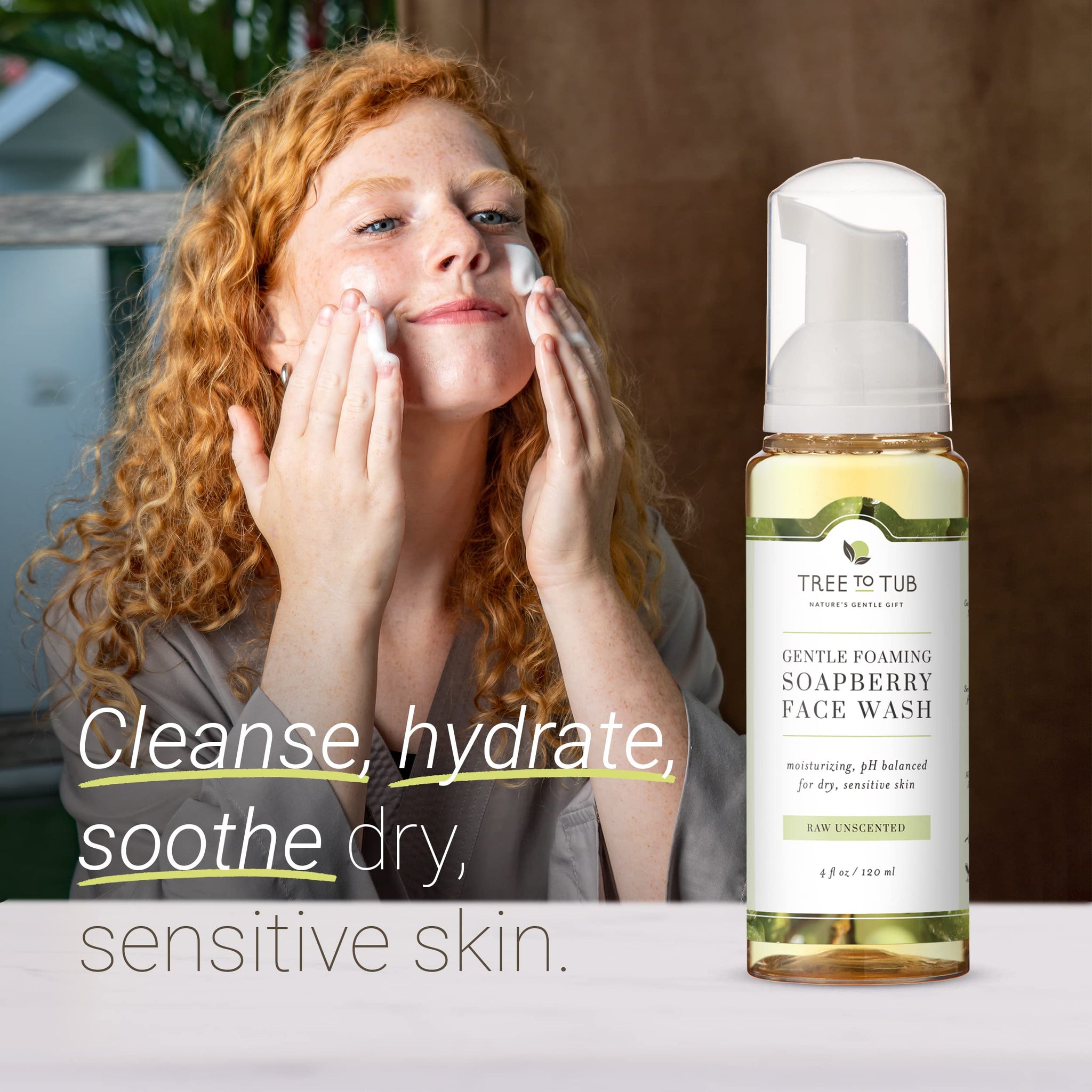 Tree to Tub Sensitive Skin Face Wash for Dry Skin - Fragrance Free Gentle Face Cleanser for Women & Men, Unscented Hydrating Foa