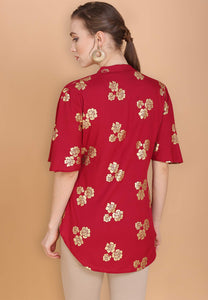 Anni Designer Women'S Red Rayon Crop Top With Gold Foil Print (Dalema Top_M,Red,M,Rayon,Crop,