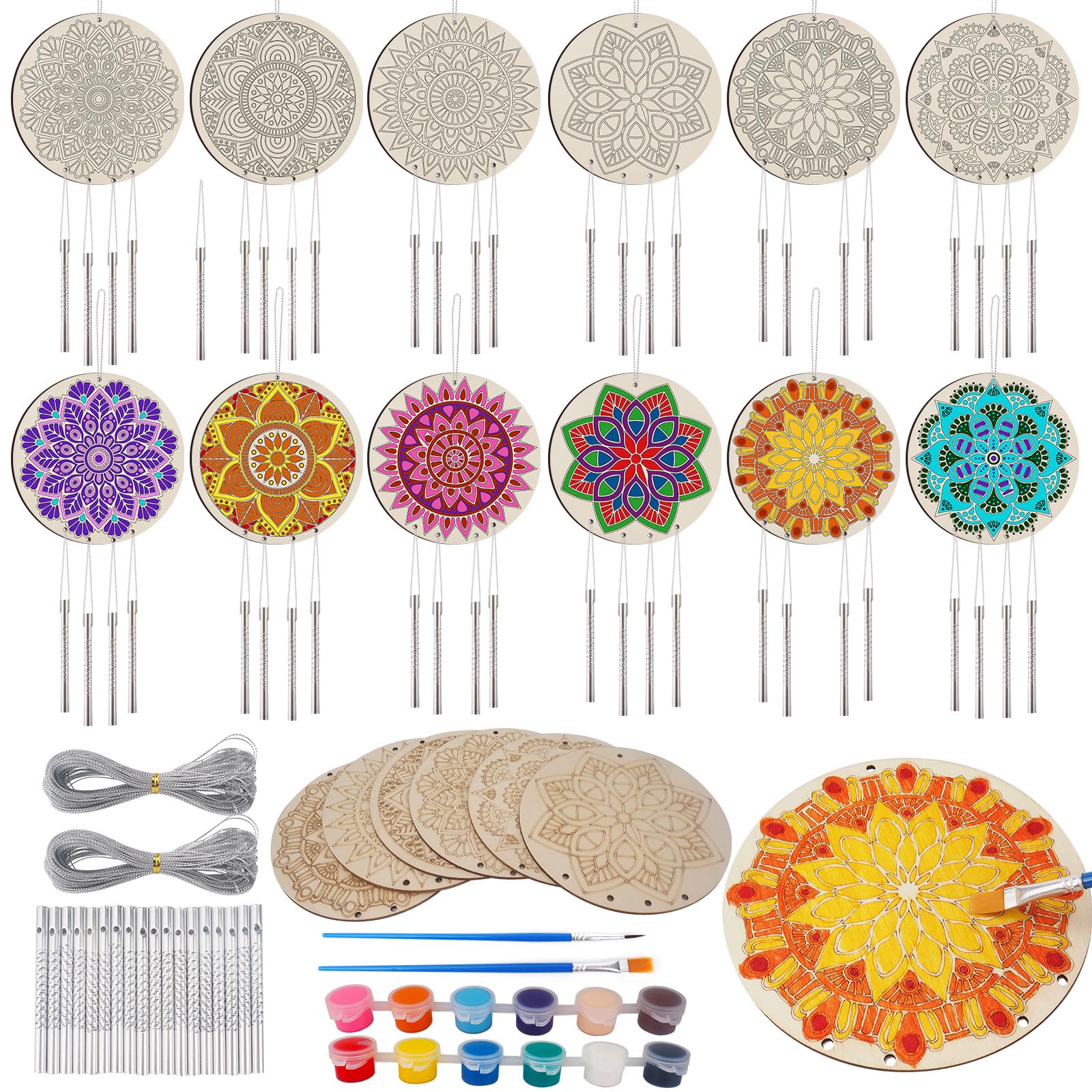 24 Sets Mandala Wind Chimes Craft for Kids,DIY Wood Hanging Bulk Ornaments Painting Craft,Color Your Own Mandala Windchime,Color