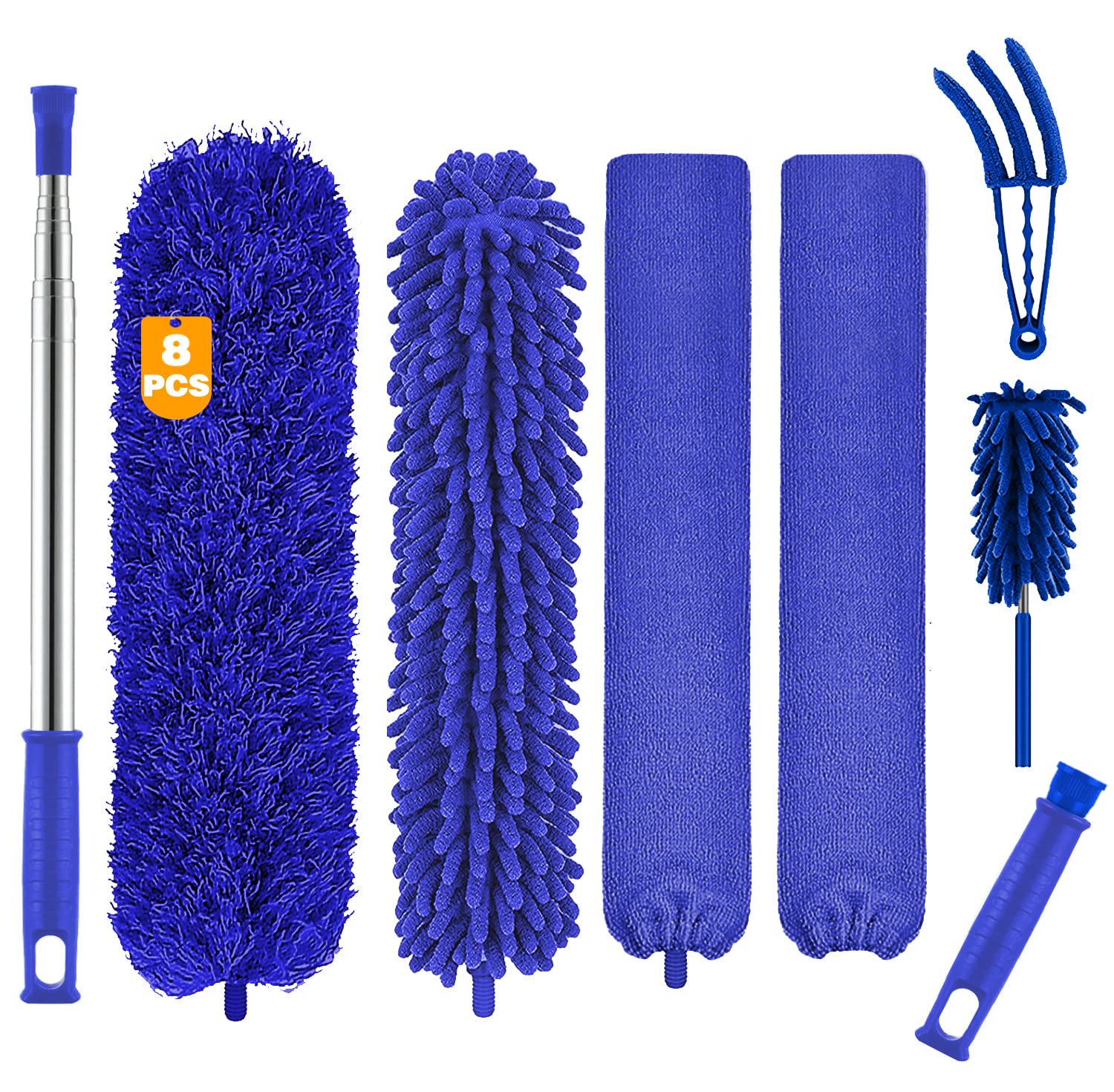 Microfiber Duster, 8Pcs Feather Duster With 100 Inch Telescoping Extension Pole, Reusable Bendable Dusters, Washable Lightweight
