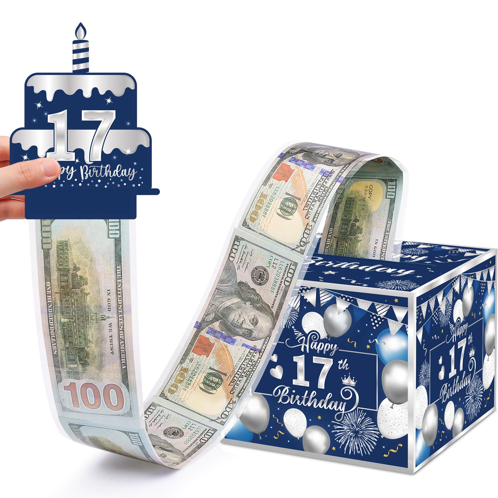 Meiidoshine 17th Birthday Money Box for Cash Gift, Surprise Pull Out Money Gift Box with 100Pcs Transparent Bags - Fun Ways to G