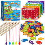 BAYSING Wooden Magnetic Sight Word Fishing Game for Toddlers, Alphabet Fish Catching Games Puzzle with Letters, Homeschool Sight