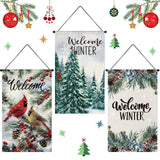 Tegeme 3 Pcs Winter Welcome Sign for Front Door Decor Christmas Cardinal Bird Door Banner Pine Tree Flag Rustic Christmas Snowfl