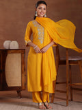 Libas Womens Yoke Design Viscose Straight Kurta With Trousers And Dupatta Mustard Xl