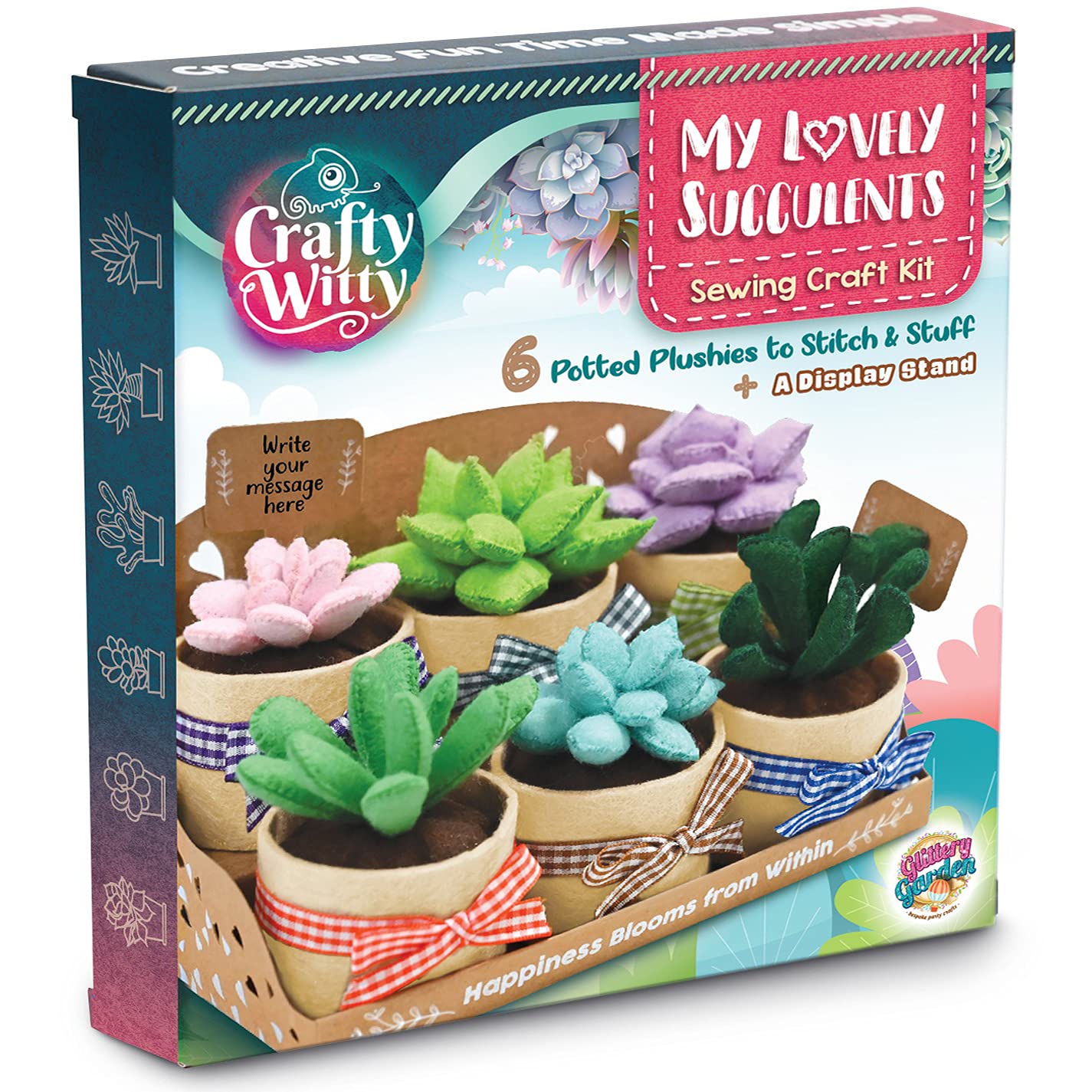 Felt Succulents Craft Kit. Make 6 Potted Colorful Plushies & A Display Rack. Mini Garden DIY Sewing Project, Activity Set, Arts 